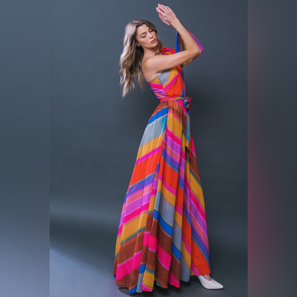 One-Shoulder Multicolor Stripe Maxi Dress - Pink/Orange - Picture 3 of 5